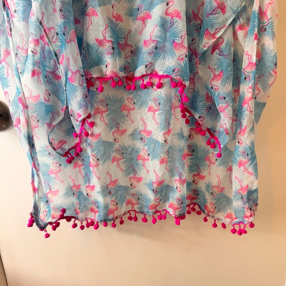 Flamingo Print Swim‎ Suit Cover Up w/ Pom Poms One Size RN 86183 - Picture 4 of 10
